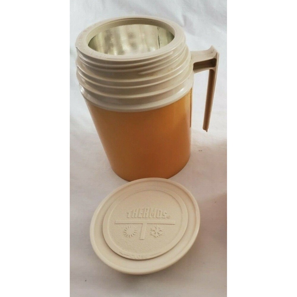 Vintage Thermos Model #7002 Gold Color 10 Oz Wide Mouth Thermos Missing Cup